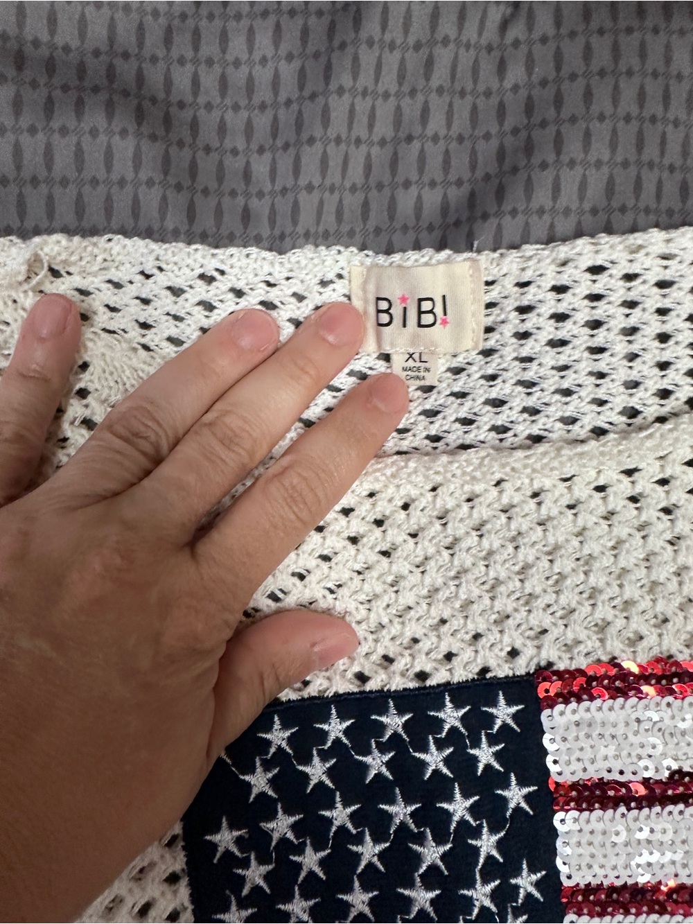 BiBi Cream Open-Knit Sweater with Navy & Red Sequin Flag - Picture 2 of 8
